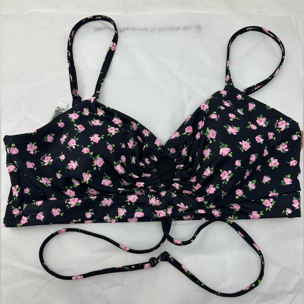 PINK Victoria’s Secret  Bikini Top Swim Black Floral Size L